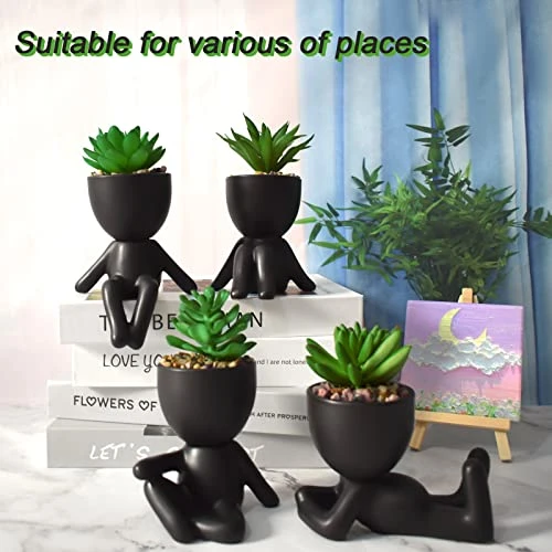 4 PCS Fake Succulent With Ceramic Artificial Succulent Planter Pot For Home Decor, Cute Human Shaped Mini Pots For Office Desk Bathroom Decorations (Matte Black) 7 4 PCS Fake Succulent With Ceramic Artificial Succulent Planter Pot For Home Decor, Cute Human Shaped Mini Pots For Office Desk Bathroom Decorations (Matte Black) - Image 5