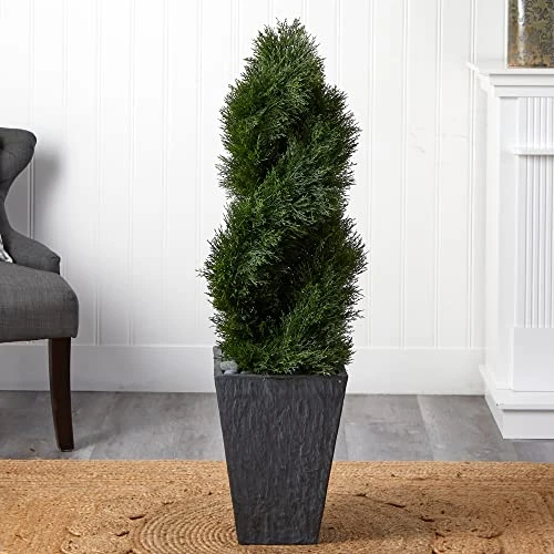 Nearly Natural 5703 Cypress Double Spiral Topiary In Slate Planter, 4' , Green 7 Nearly Natural 5703 Cypress Double Spiral Topiary In Slate Planter, 4' , Green - Image 5