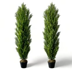 I.C.ELAINE 5 Foot Topiary Trees Artificial Outdoor 2 Pack Large Cedar Pine Fake Plants UV Rated 5ft Faux Topiary Bushes And Shrubs Set Of 2 For Home Indoor Front Porch Patio Decor