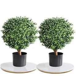 Momoplant 20Inch-1.7Ft Artificial Topiaries Boxwood Topiary Ball Tree Front Porch UV Resistant Potted Plants Tree For Indoor Outdoor Home Garden (White Flowers, Set Of 2)