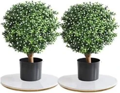 Momoplant 20Inch-1.7Ft Artificial Topiaries Boxwood Topiary Ball Tree Front Porch UV Resistant Potted Plants Tree For Indoor Outdoor Home Garden (White Flowers, Set Of 2) -Artificial Trees Store 51ylbVLseRL. AC