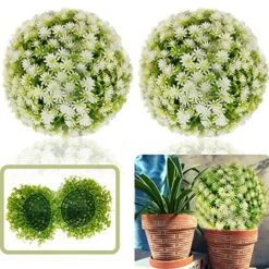 Coregreen 2pcs Artificial Topiary Ball 11inch White Flower Balls Artificial Plant Decorative Balls Faux Artificial Kissing Balls Mum's Ball For Balcony, Wedding, Christmas Decoration Indoor Outdoor