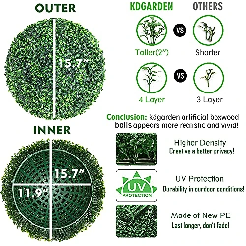 Kdgarden Artificial Plant Boxwood Topiary Balls 2PCS 15.7" UV Protected 4 Layers Faux Plants Decorative Balls For Outdoor Patio Garden Balcony Backyard And Indoor Home Wedding Decoration, Dark Green 3 Kdgarden Artificial Plant Boxwood Topiary Balls 2PCS 15.7" UV Protected 4 Layers Faux Plants Decorative Balls For Outdoor Patio Garden Balcony Backyard And Indoor Home Wedding Decoration, Dark Green