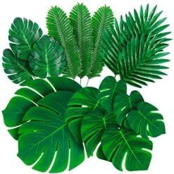 Decopom Palm Leaves Artificial Tropical Monstera-84Pcs 6 Kinds Large Small Green Fake Palm Leaf With Stems For Safari Jungle Hawaiian Luau Party Table Decoration Wedding Birthday Theme Party
