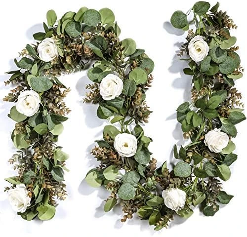 Miracliy 6 Ft Eucalyptus Garland With Flowers, Lambs Ear Greenery White Roses Flower Garland Fake Vines For Wedding Boho Table Mantle Backdrop Party Farmhouse Home Decor 8 Miracliy 6 Ft Eucalyptus Garland With Flowers, Lambs Ear Greenery White Roses Flower Garland Fake Vines For Wedding Boho Table Mantle Backdrop Party Farmhouse Home Decor - Image 6