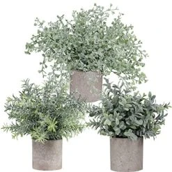 Winlyn Mini Potted Plants Artificial Flocked Eucalyptus Boxwood Rosemary Greenery In Pots Faux Potted Herbs Small Houseplants 8.8"-10" Tall For Indoor Greenery Tabletop Décor Centerpiece 3 Pack