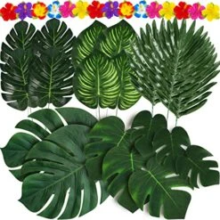 Moon Boat 120PCS Tropical Palm Leaves Plants Hibiscus Artificial-105Pcs 7 Kinds Green Fake Leaf+15pcs Flowers, Hawaiian/Luau/Safari Jungle Party Table Decorations