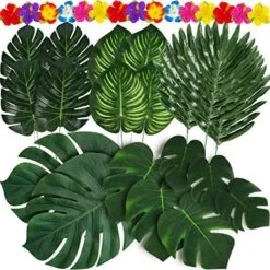 Moon Boat 120PCS Tropical Palm Leaves Plants Hibiscus Artificial-105Pcs 7 Kinds Green Fake Leaf+15pcs Flowers, Hawaiian/Luau/Safari Jungle Party Table Decorations -Artificial Trees Store 61J553RgQXL. AC