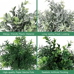 PENGYEE Artificial Topiaries Plants & Flowers, 4 Pcs Mini Plants Artificial Potted Set Fake Green Grass Plant Faux Plastic Topiary For Home Office Desk Bathroom Kitchen Counter Decoration (Mixed) -Artificial Trees Store 61JqnJBiczS