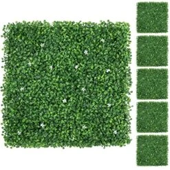 Yaheetech 24Pcs 20 X 20 Inch Artificial Boxwood Foliage Panels With Artificial White Flowers Topiary Hedge Plant Privacy Screen Decorations For Garden/Home/Backyard/Yard And Tile UV Protected