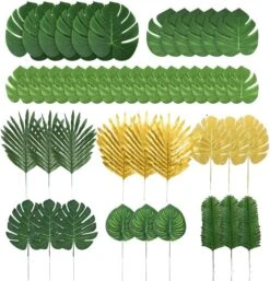 86Pcs 8Kinds Artificial Tropical Palm Leaves Jungle Safari Leaves Faux Plant Golden Leaves Decorations For Hawaiian Beach Birthday Luau Party Table Decorations -Artificial Trees Store 719ehjLg8L. AC